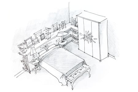 freehand pencil drawing of modern bedroom interior